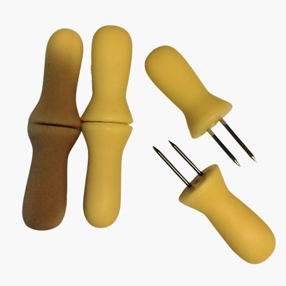 Corn On The Cob Holders Set 3 Yellow Nesting Handles Metal Prongs
